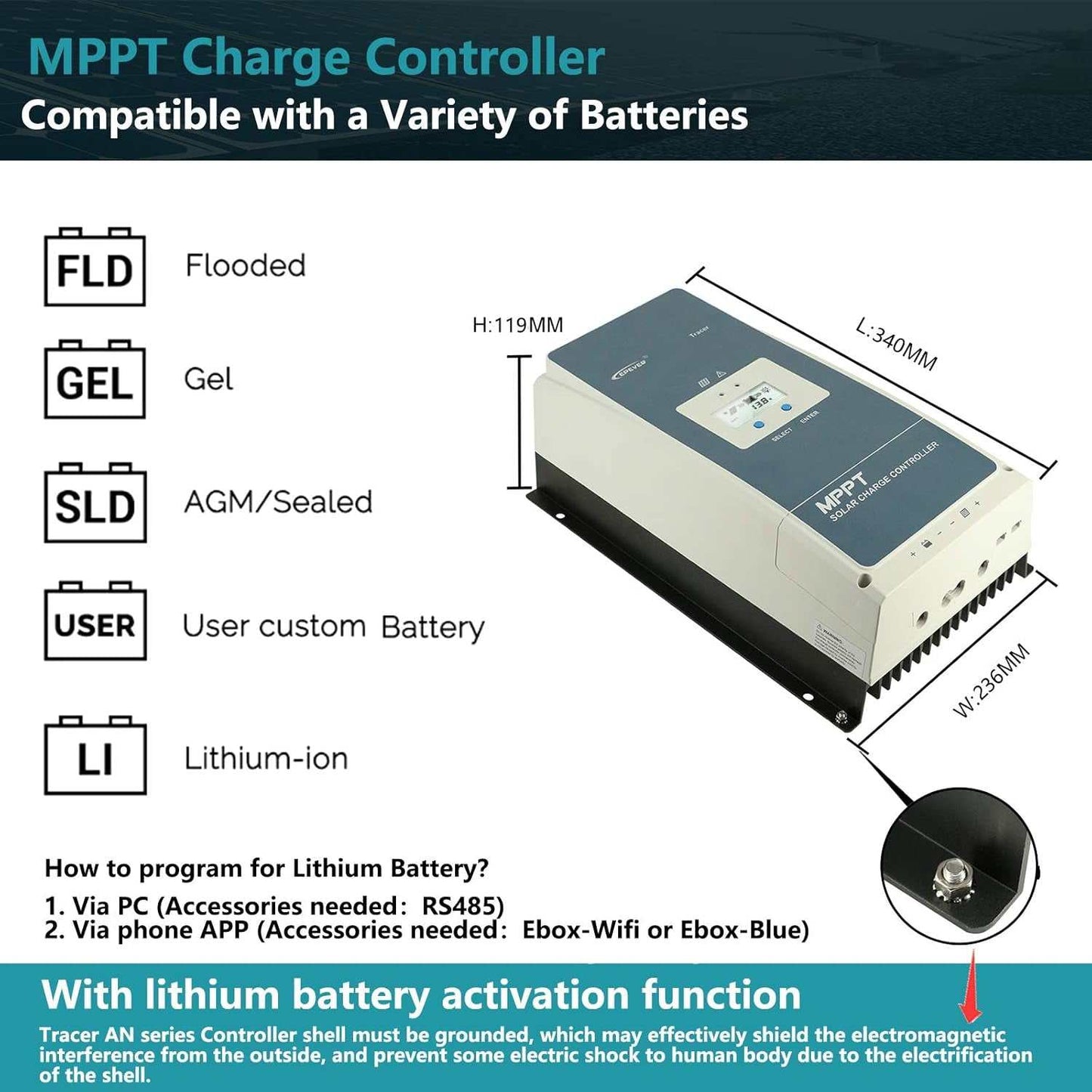 MPPT charge controller compatible with various batteries, featuring advanced 60A MPPT technology for efficient solar energy harnessing.